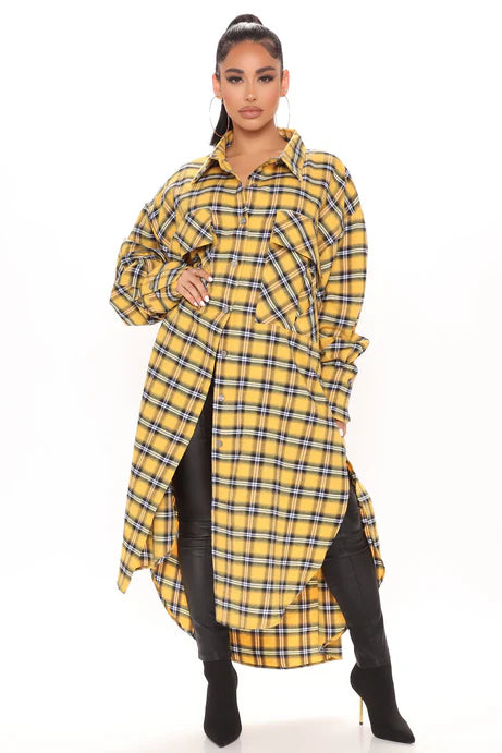 PLAID PRINT COLLAR LONG SHIRT DRESS | PLUS