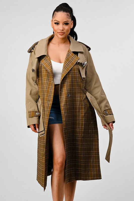 PLAID AND KHAKI CONTRAST TRENCH COAT