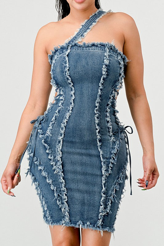 DISTRESSED SEWING LINE DENIM MINI DRESS