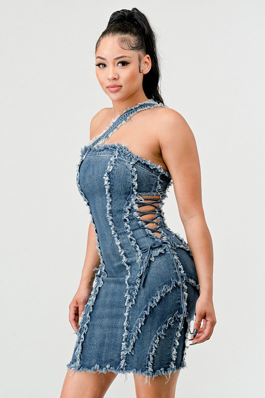 DISTRESSED SEWING LINE DENIM MINI DRESS