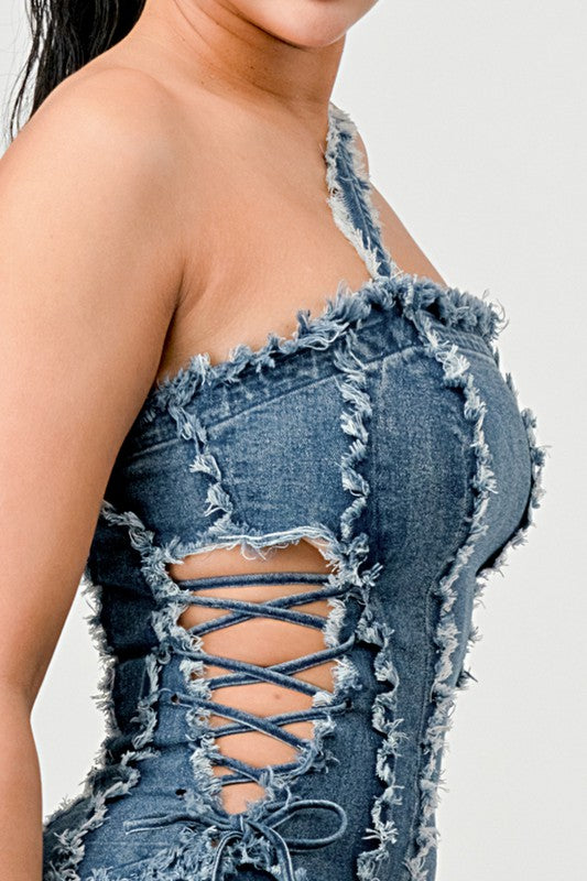 DISTRESSED SEWING LINE DENIM MINI DRESS