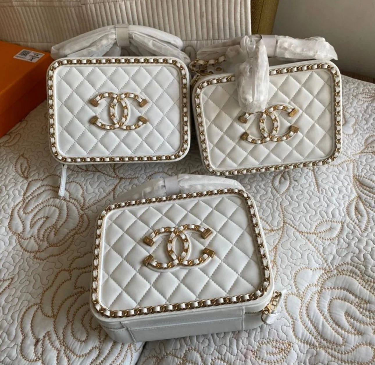 White Quilted Filigree Vanity Case Bag