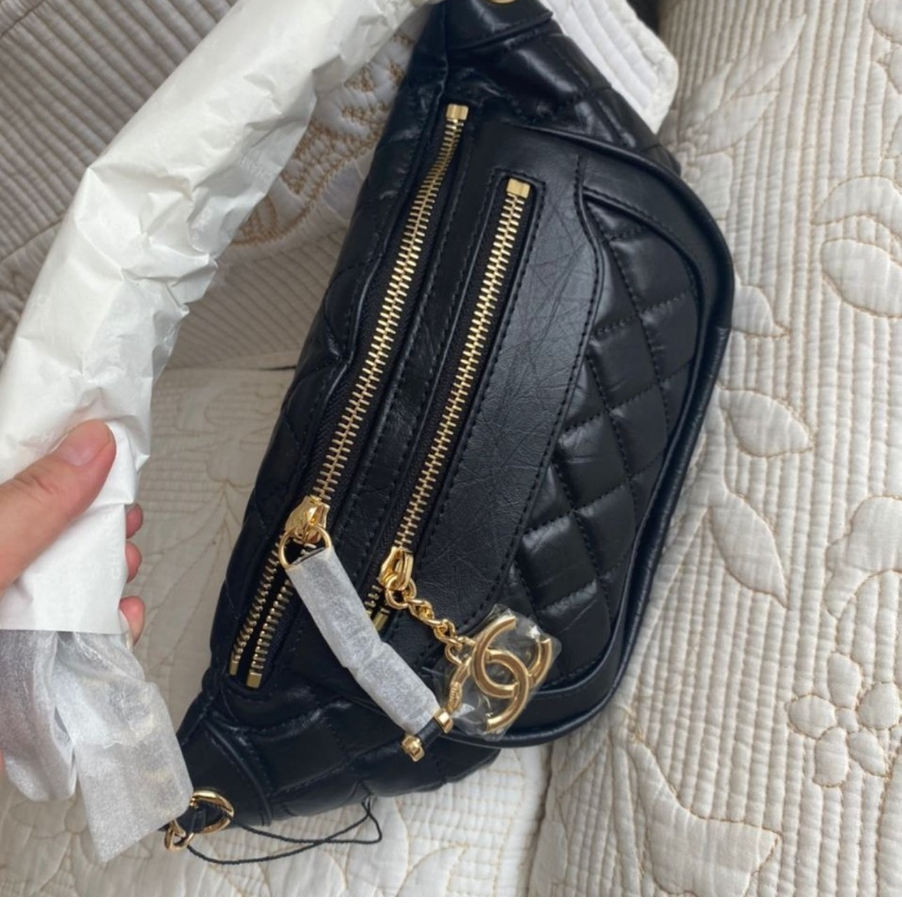 Coco Lambskin Quilted Waist Bag Fanny Pack Black
