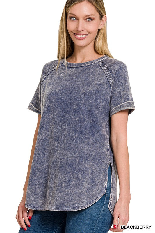 TERRY ACID WASH SHORT CUFF SLEEVE SHIRT