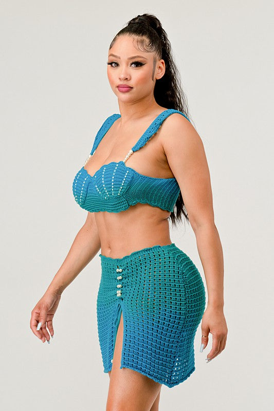 LITTLE MERMAID PERAL TWO PCS KNIT BEACH SET (2 COLORS)