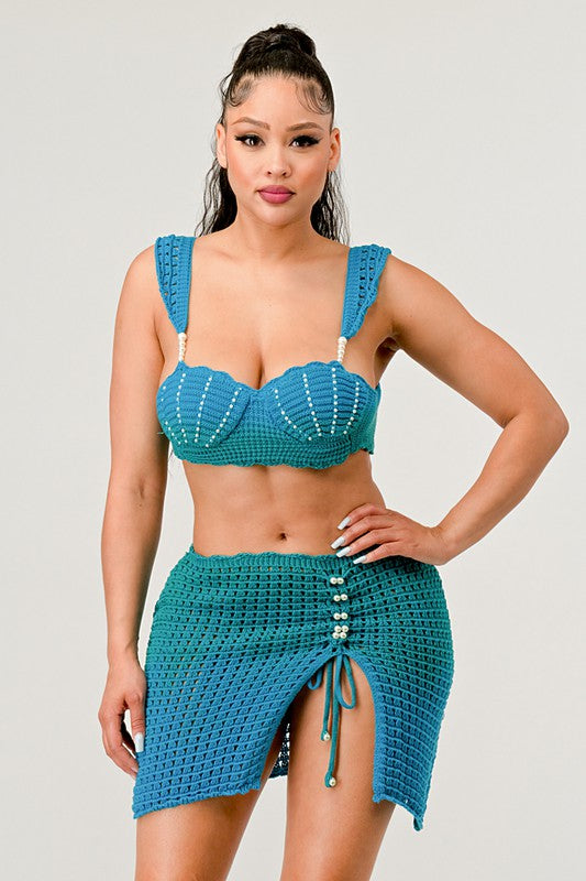 LITTLE MERMAID PERAL TWO PCS KNIT BEACH SET (2 COLORS)