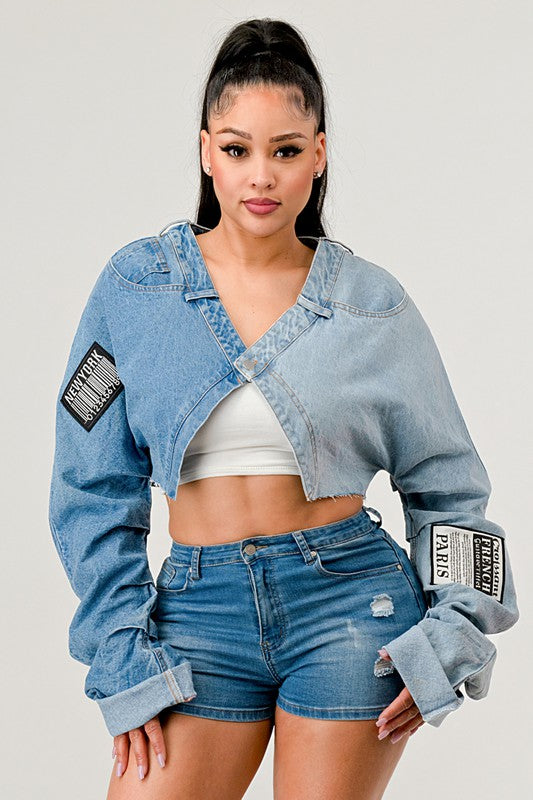 Top denim con parches en contraste X