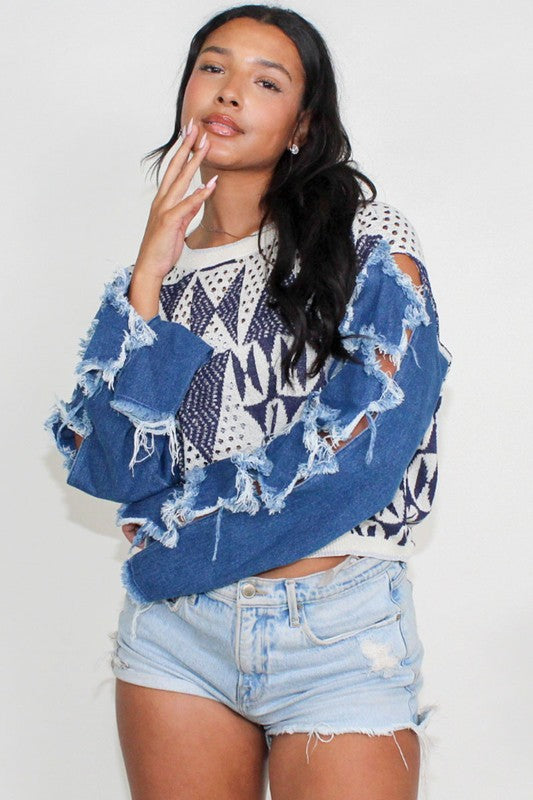 DENIM STAR SLEEVE KNIT CONTRAST TOP