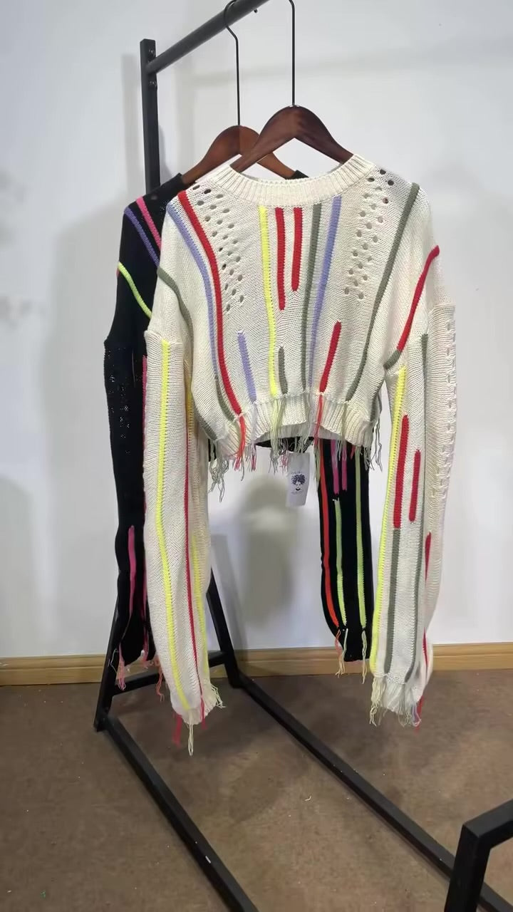 Distressed knit multicolored sweater