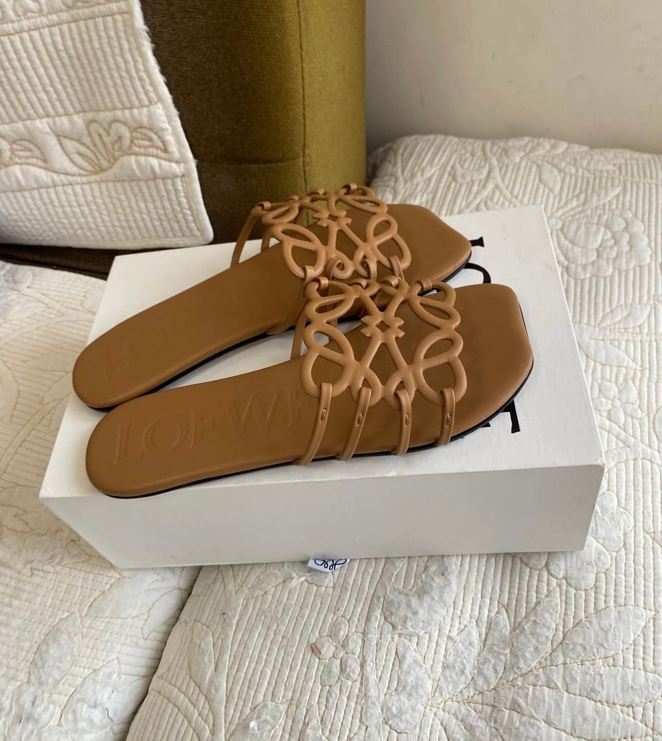Camel Petal Leather Anagram Slide Sandals