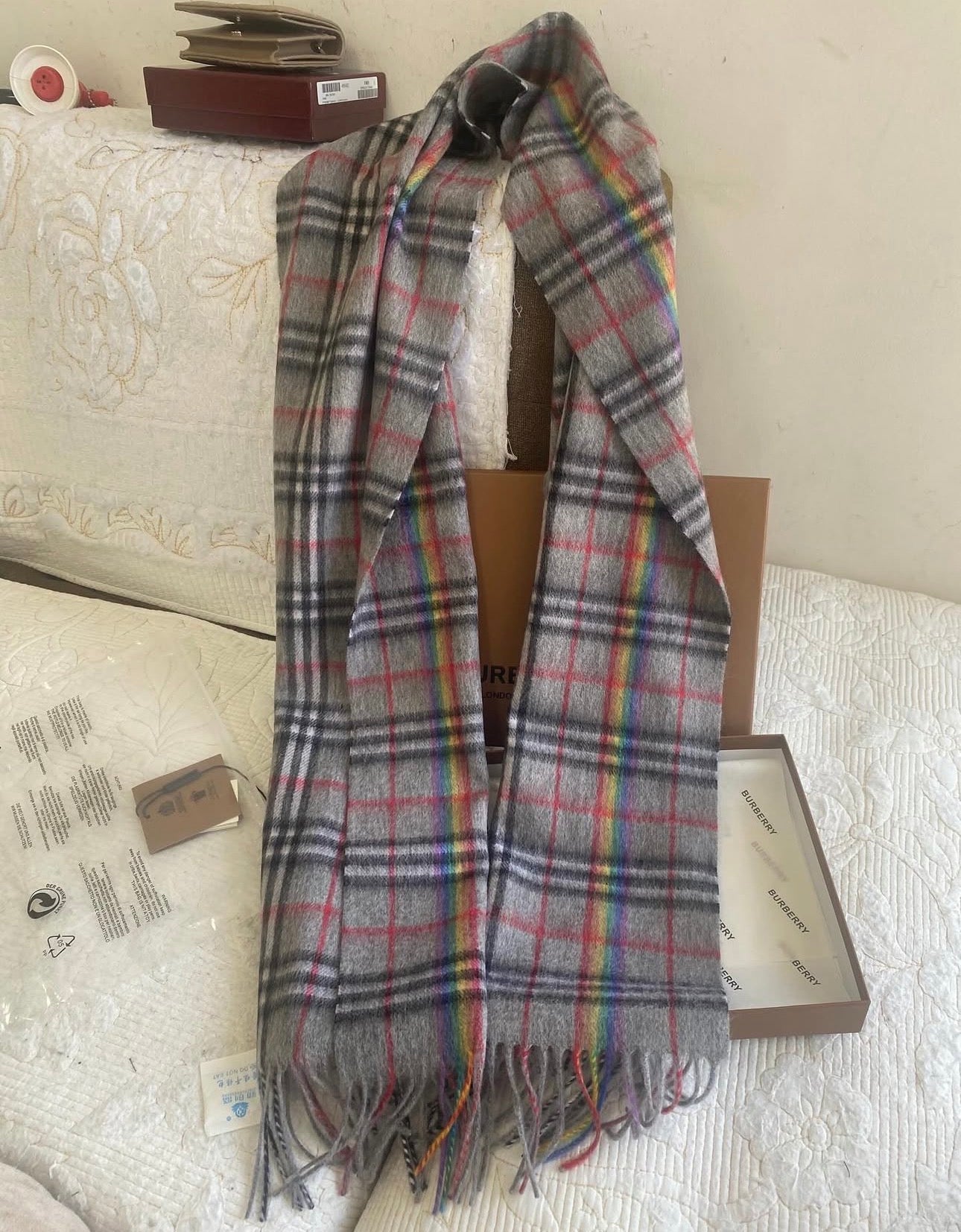 Gray Plaid Cashmere BB Scarf