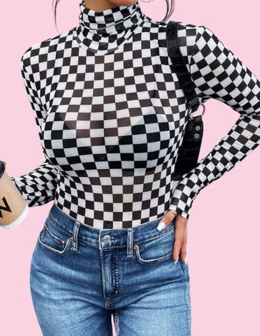 Checkered Printed Long Sleeve High Neck Bodysuit