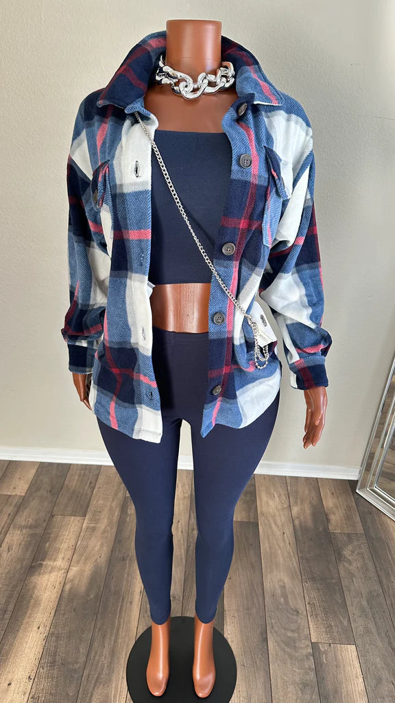 Blue Oversized Plaid Fleece Shacket