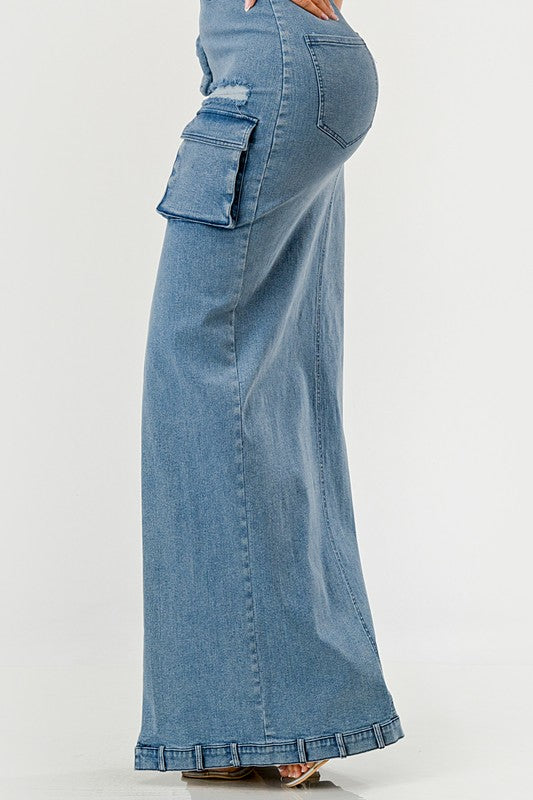 Denim Cargo Long Maxi Dress