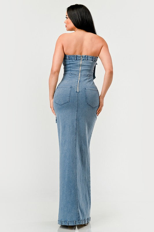 Denim Cargo Long Maxi Dress