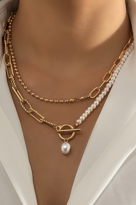 Chain with Pearl Double Layer Toggle Necklace