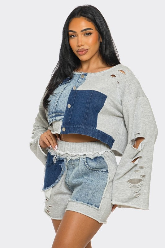 JUST KICKIN IT | Denim Terry Mix Distressed Set (2 Colors)