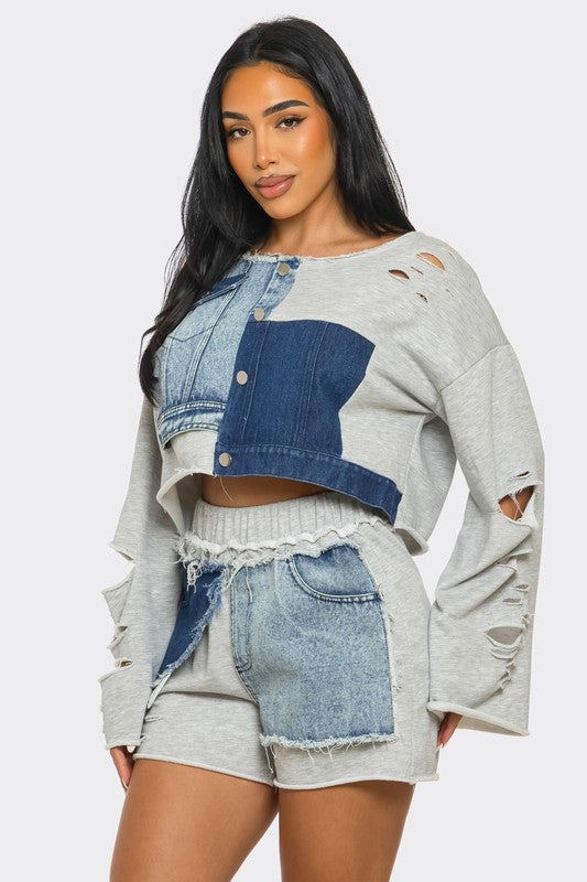 JUST KICKIN IT | Denim Terry Mix Distressed Set (2 Colors)