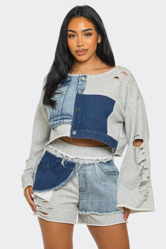 JUST KICKIN IT | Denim Terry Mix Distressed Set (2 Colors)