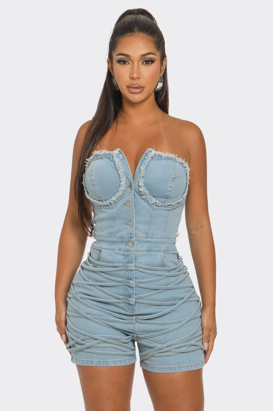 LINK ME | Frayed Edge Denim Corset Romper