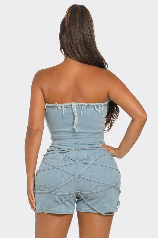 LINK ME | Frayed Edge Denim Corset Romper