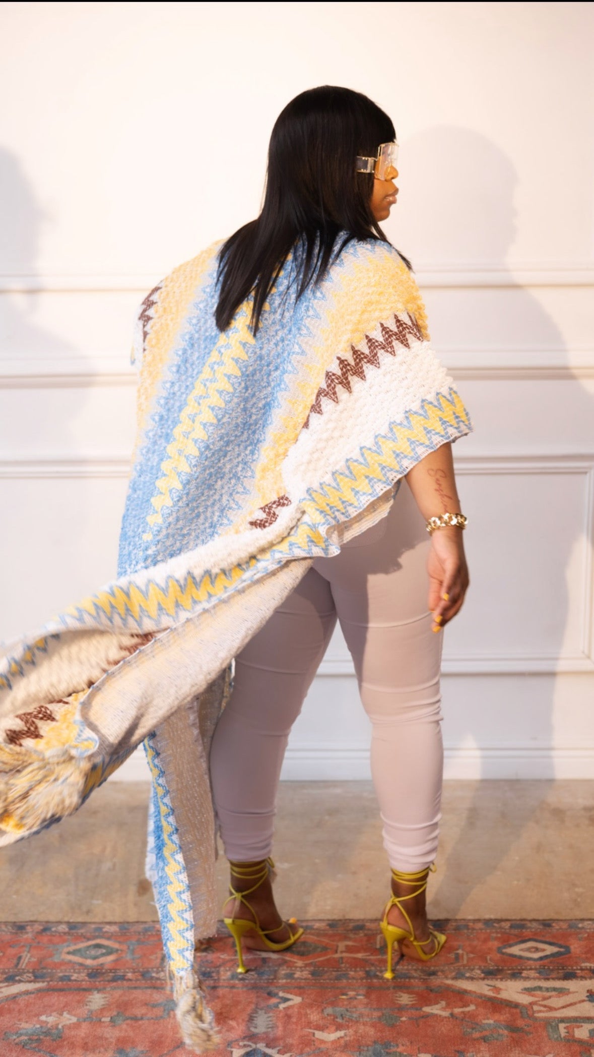 Knitted Cardigan With Bottom Tassels In White Blue Yellow Tan And Brown | Cardigan Kimono Duster