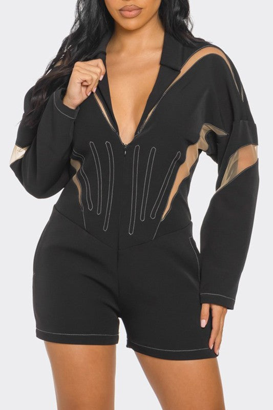 Chic Mesh-Panelled Black Romper