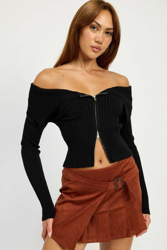 BADDIE 2-WAY ZIPPER SWEATER | OFF THE SHOULDER