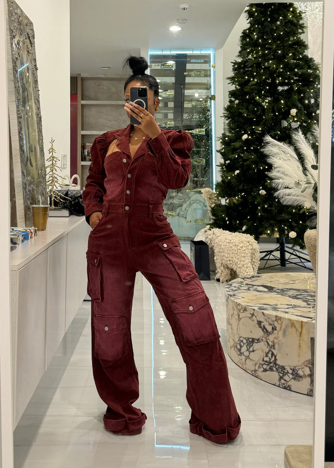 Wine Utility Denim Jumpsuit