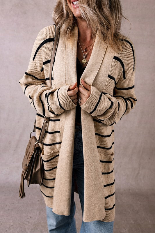 Stripe Side Pockets Open Front Cardigan