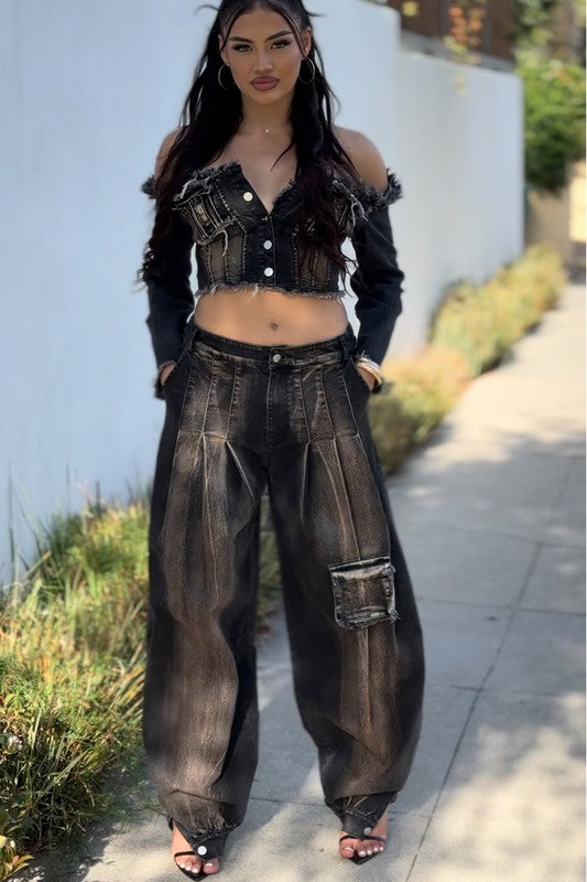 GIRLS WILL BE GIRLS | Distressed Denim Crop Top and Cargo Pants set