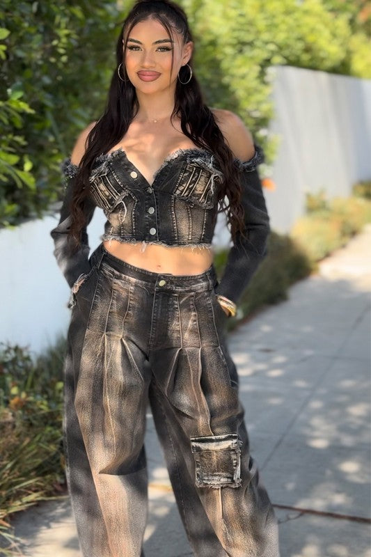 GIRLS WILL BE GIRLS | Distressed Denim Crop Top and Cargo Pants set