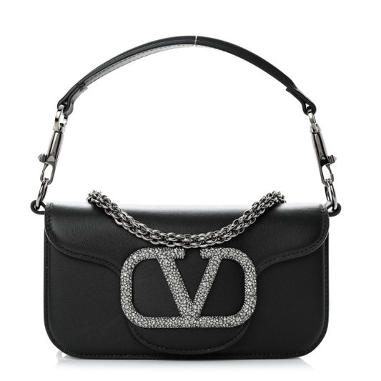 Calfskin Crystal Vlogo Small Loco Shoulder Bag Black