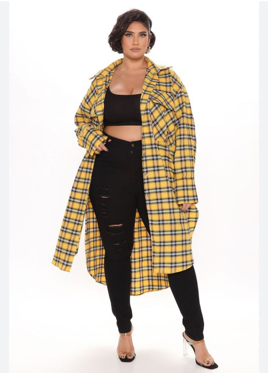 PLAID PRINT COLLAR LONG SHIRT DRESS | PLUS
