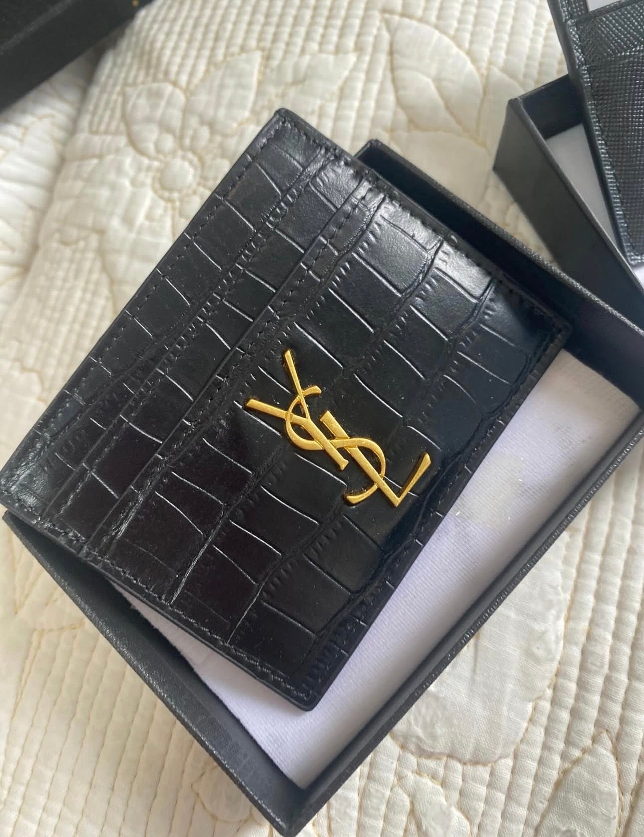 Cassandre Saint Laurent Card Case in Crocodile-Embossed Shiny Leather