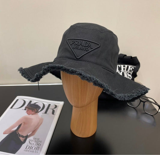 Black Logo Embroidered Canvas Drill Bucket Hat