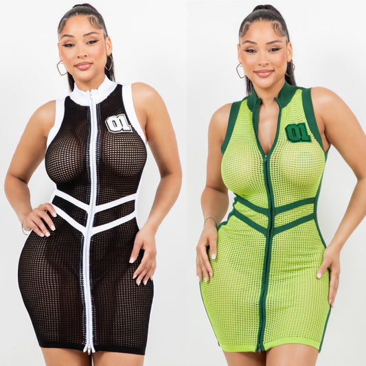 Netting 2 Way Zipper Mini Dress Cover Up