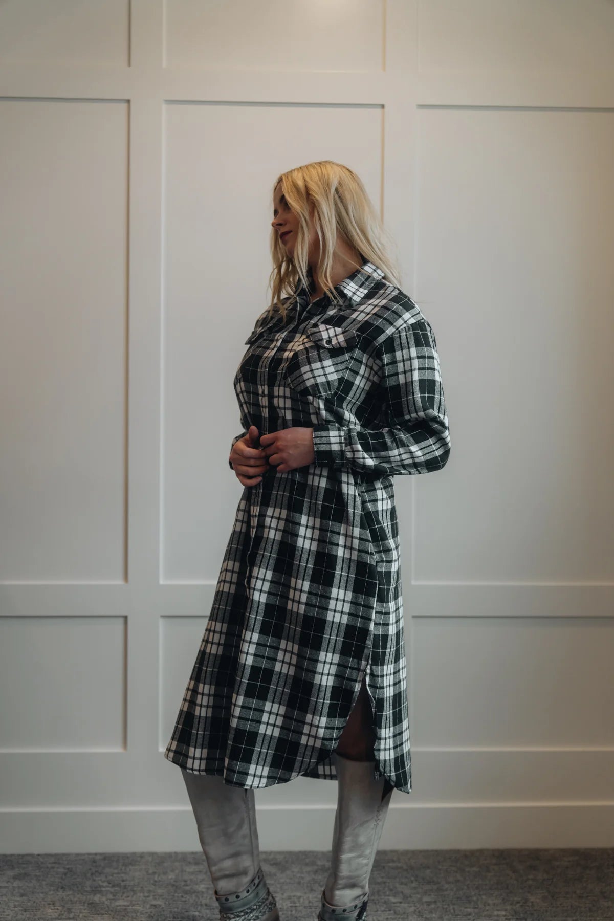 PLAID PRINT COLLAR LONG SHIRT DRESS | PLUS
