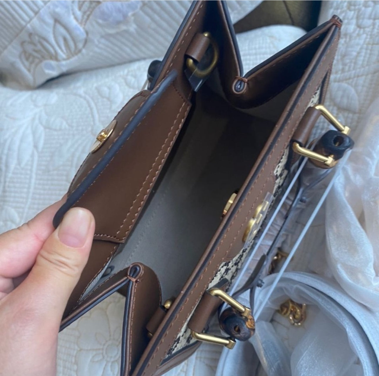 Diana Mini Tote Bag in camel and ebony canvas