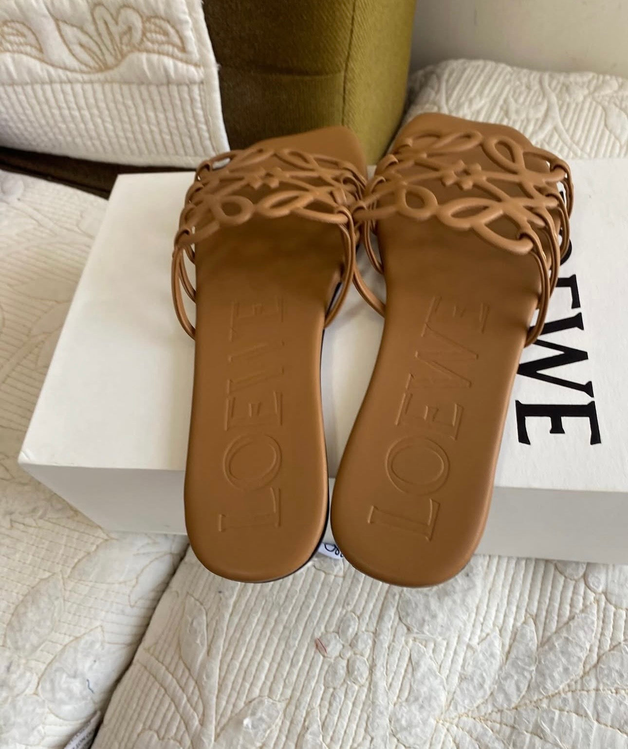 Camel Petal Leather Anagram Slide Sandals