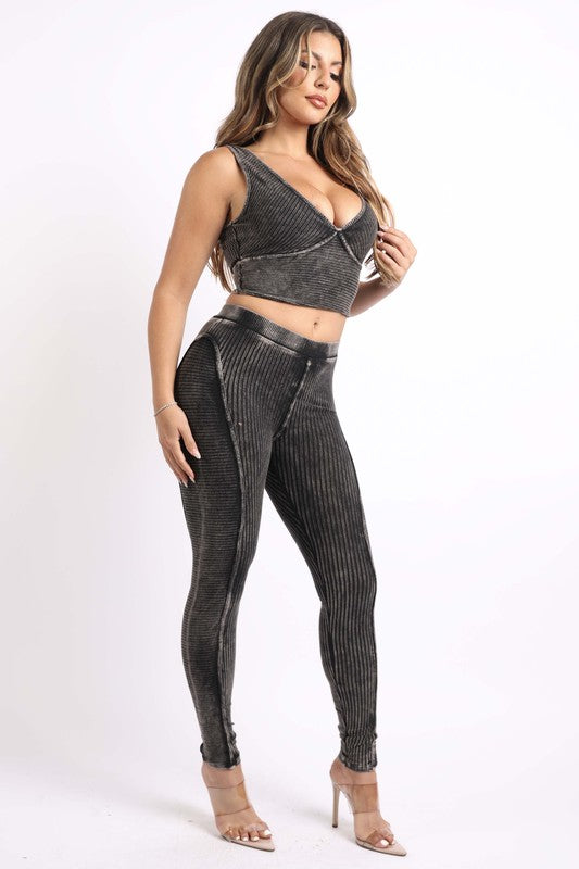 Mineral Washed Crop Top And Leggings Set (Plus)