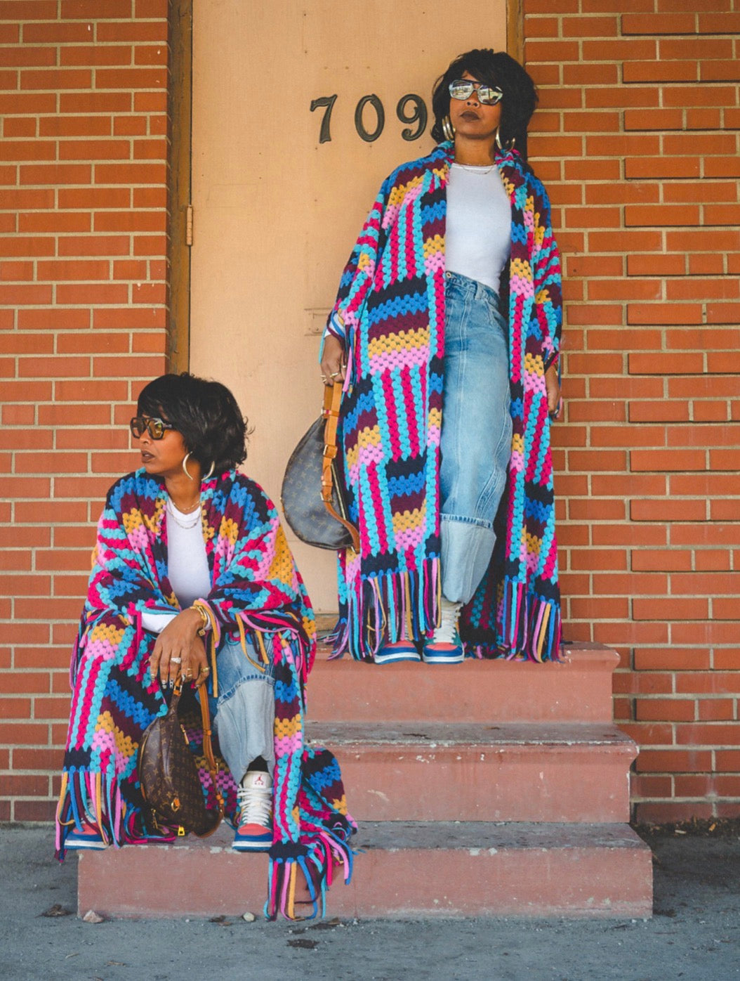 FLY GIRL CARDI | HOODED OPEN FRONT LONG CROCHET COAT KIMONO - PINK BLACK TURQUOISE BLEND