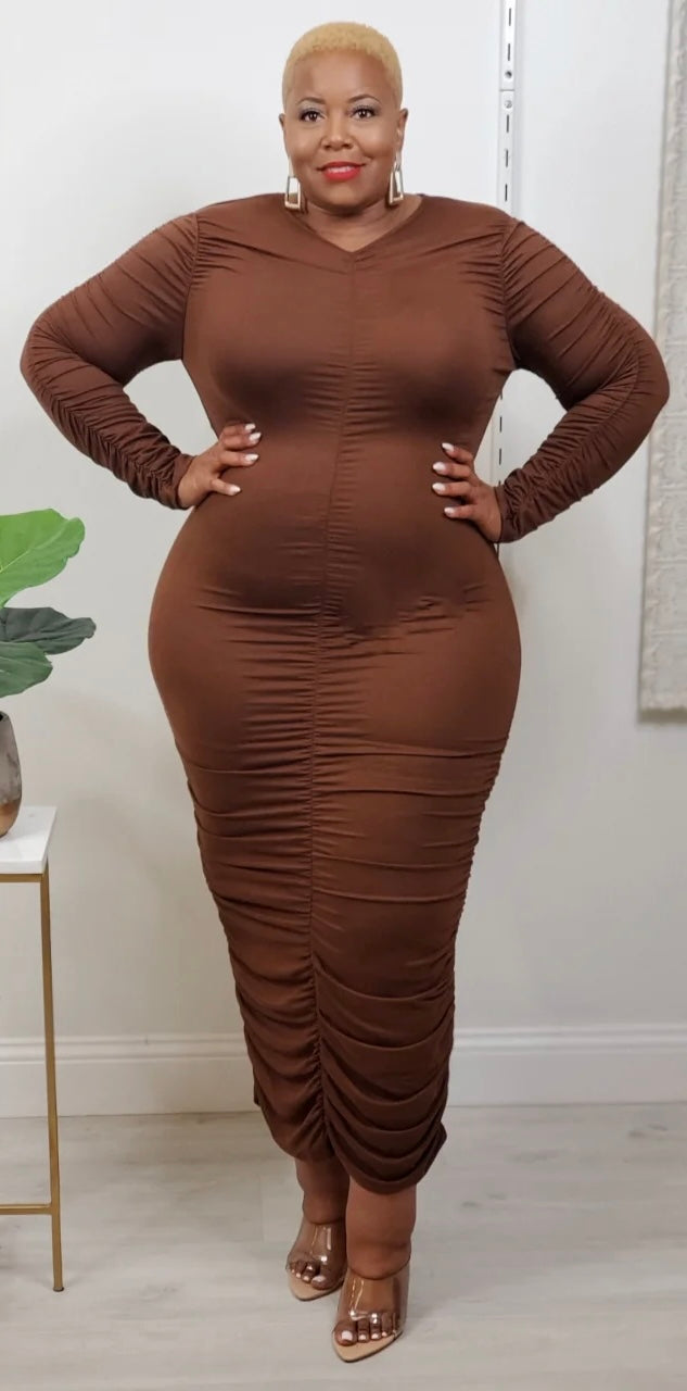 Curvy Plus Size Ruched Long Sleeve Midi Dress 5 COLORS