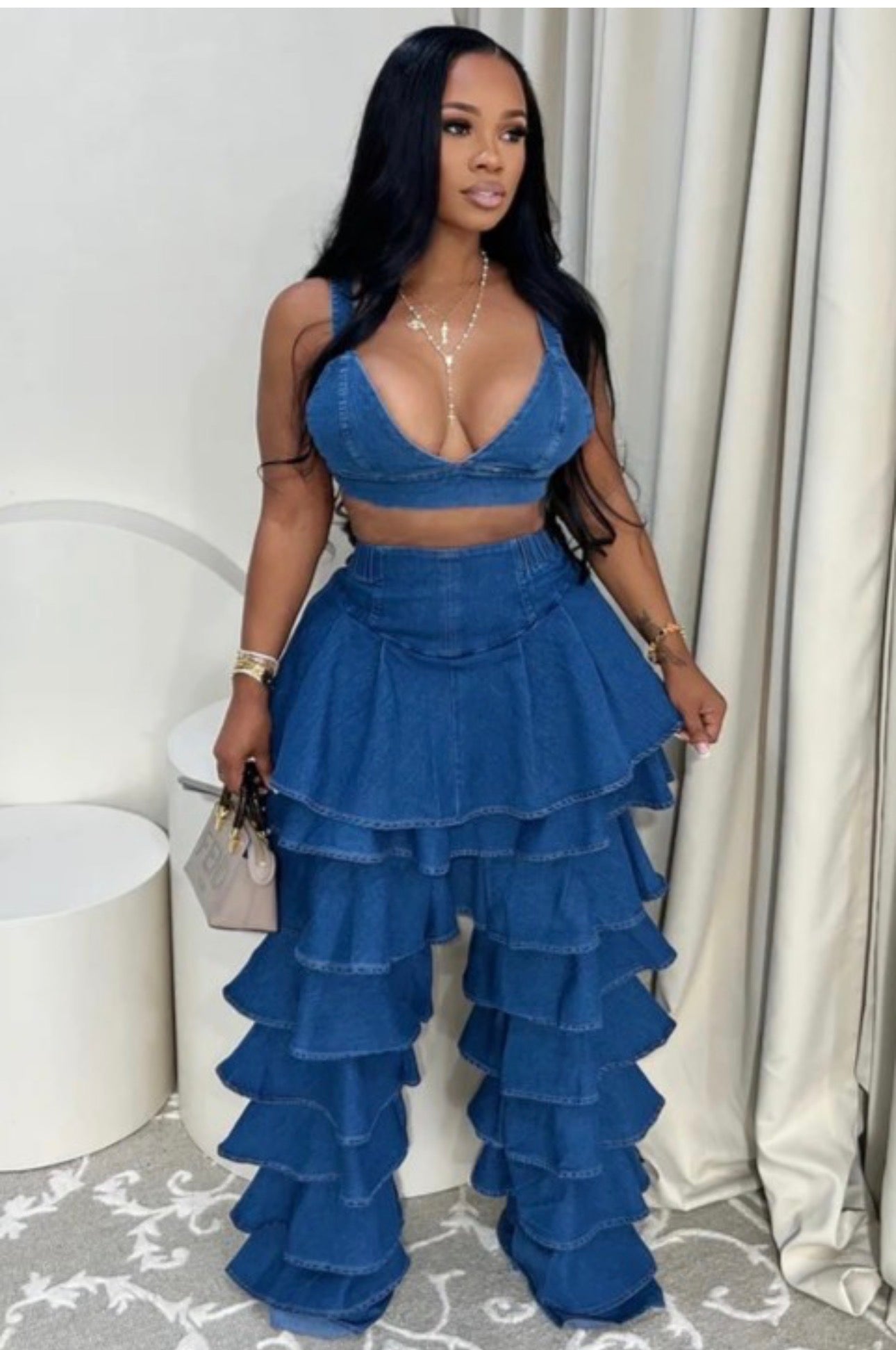 Denim Ruffle Two-Piece Set