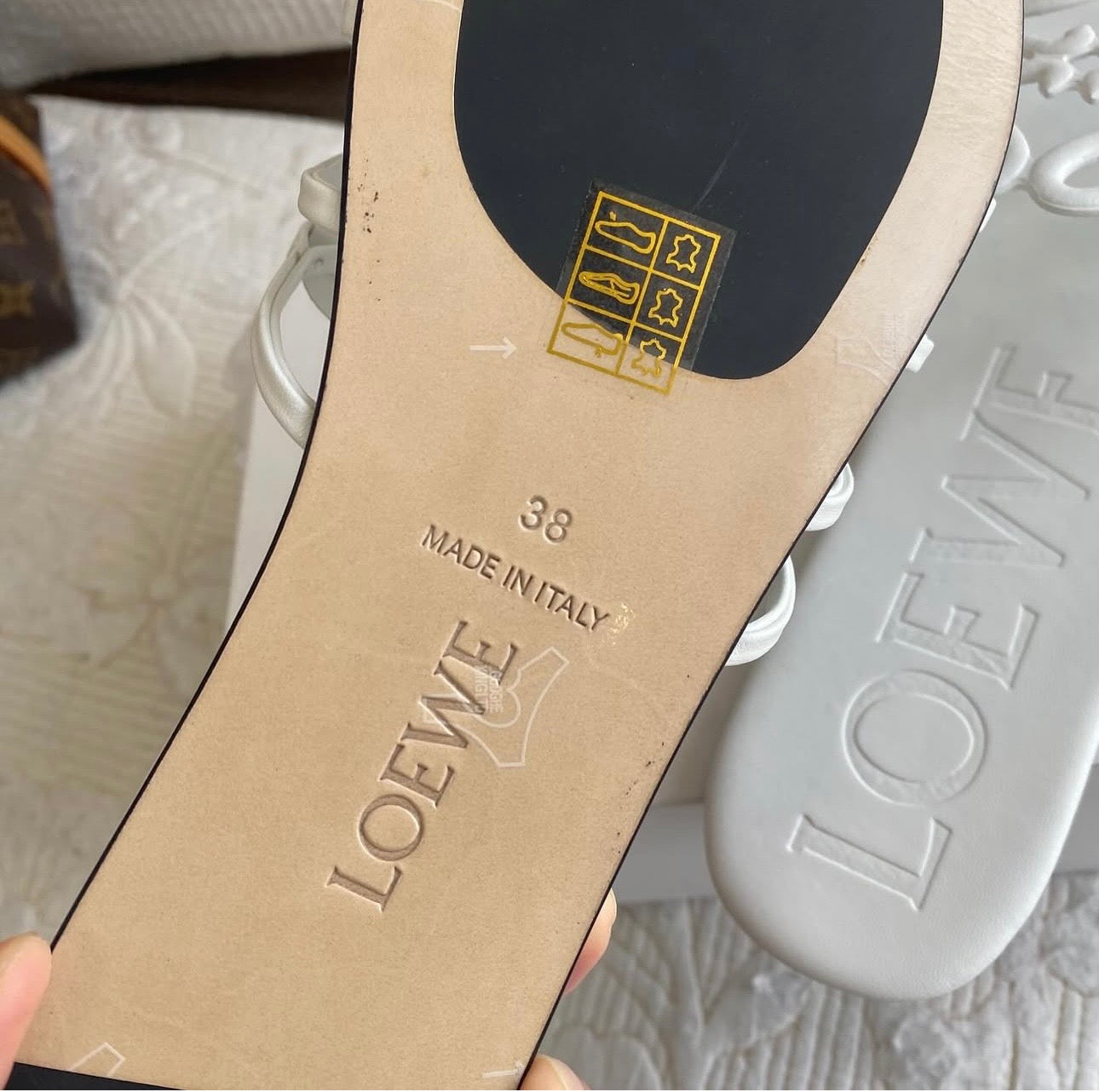White Petal Leather Anagram Slide Sandals
