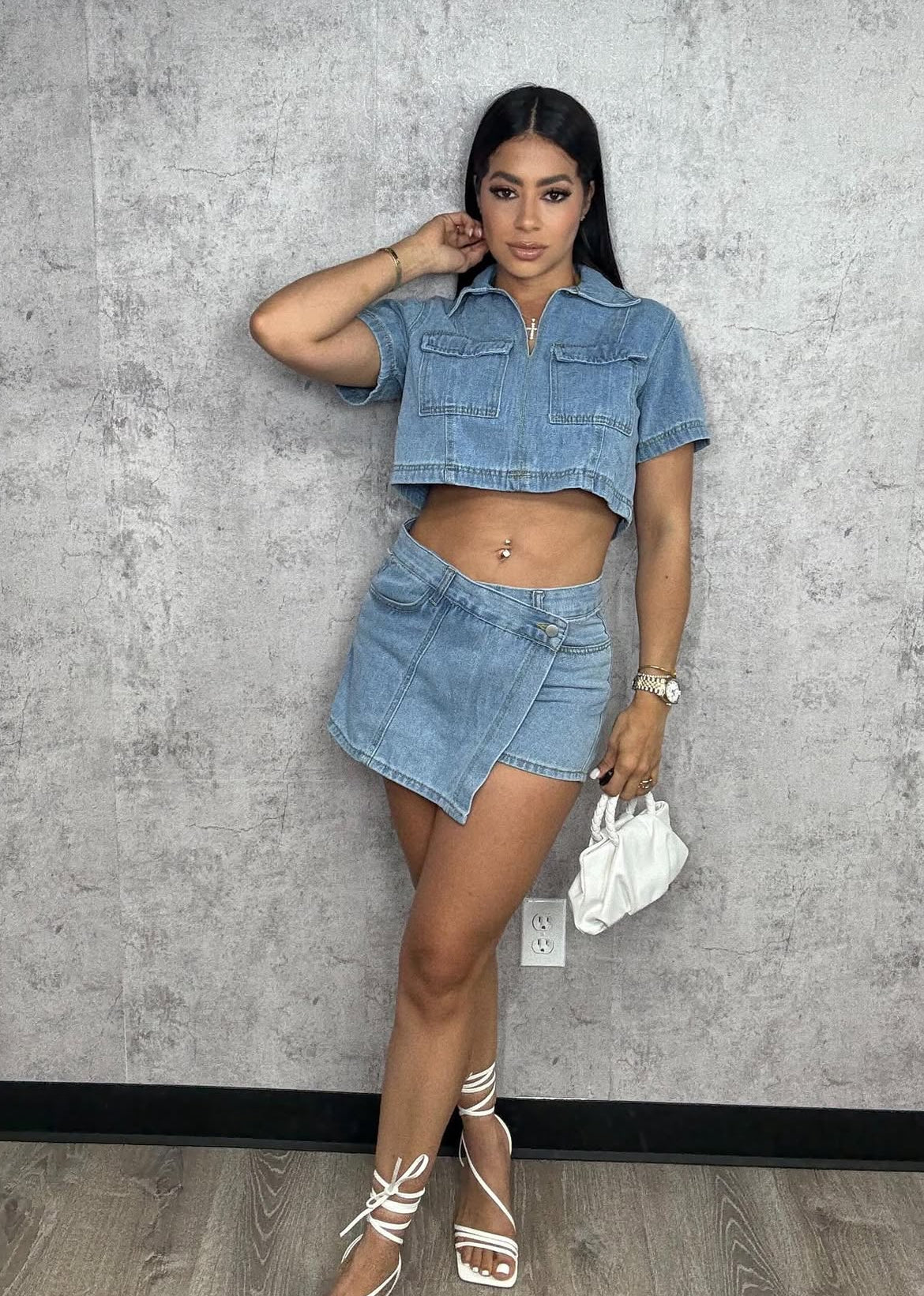 Cropped Denim Shirt And Skort Set