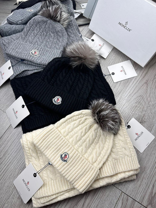 Logo Beanie w/ Fur Pom + Scarf Set