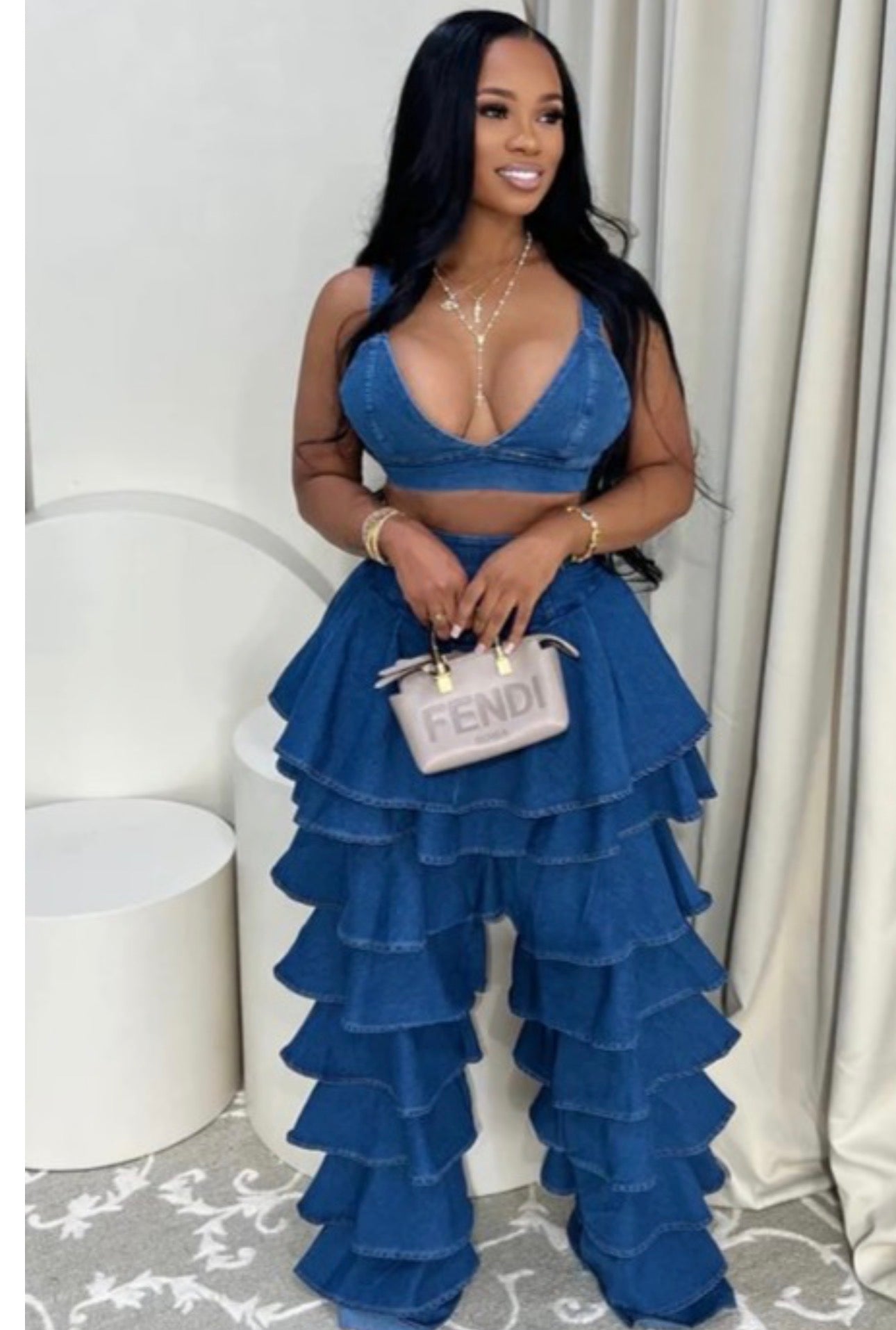 Denim Ruffle Two-Piece Set