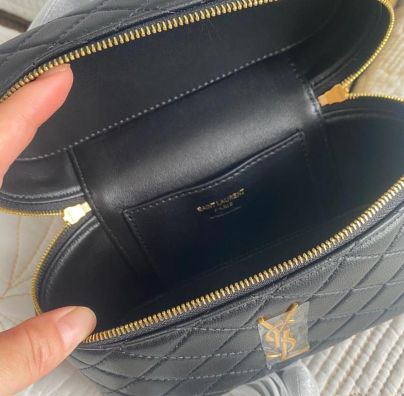 Black Gaby Mini Vanity Case in Quilted Leather with Gold Hardware