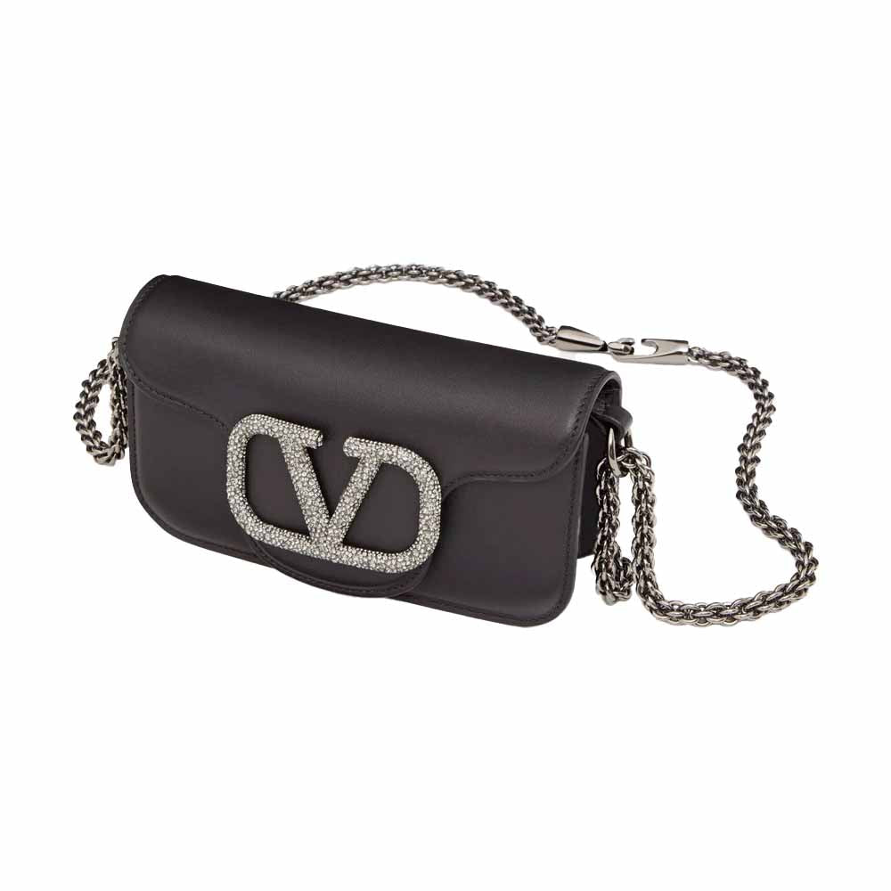 Calfskin Crystal Vlogo Small Loco Shoulder Bag Black